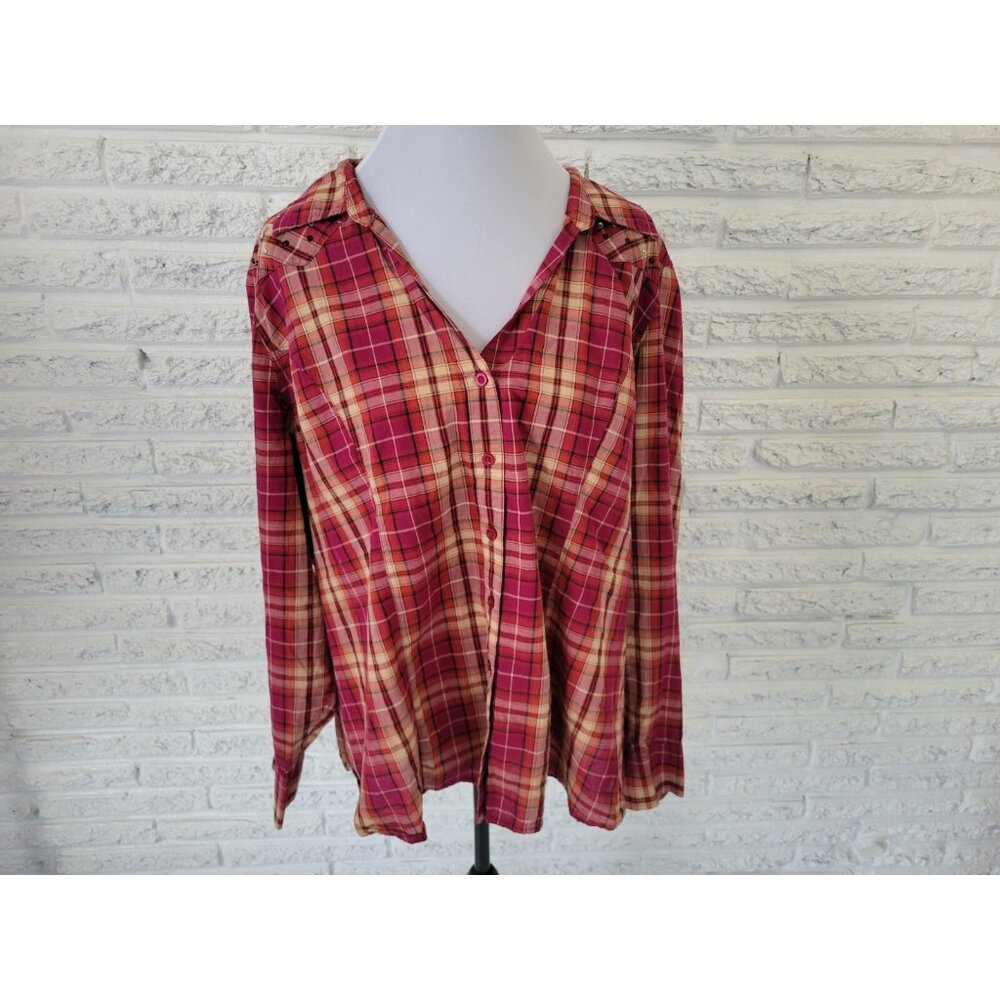 Fashion Bug Womens Shirt 3X Plus Long Sleeve Button Up Red Plaid Cotton PLA4E